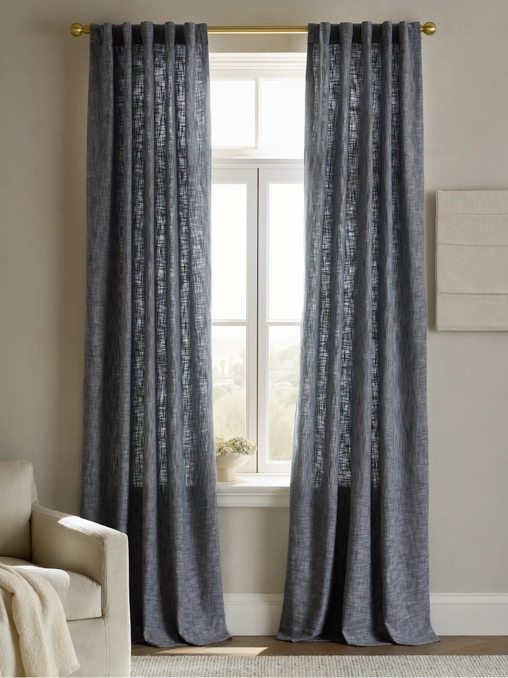 Quince Blue Textured Cotton Light Filtering Curtain 48x108 single panel